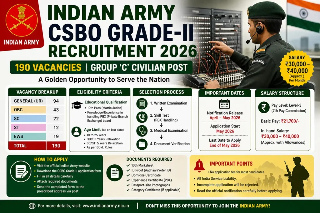 Indian Army CSBO Grade-II Recruitment 2026